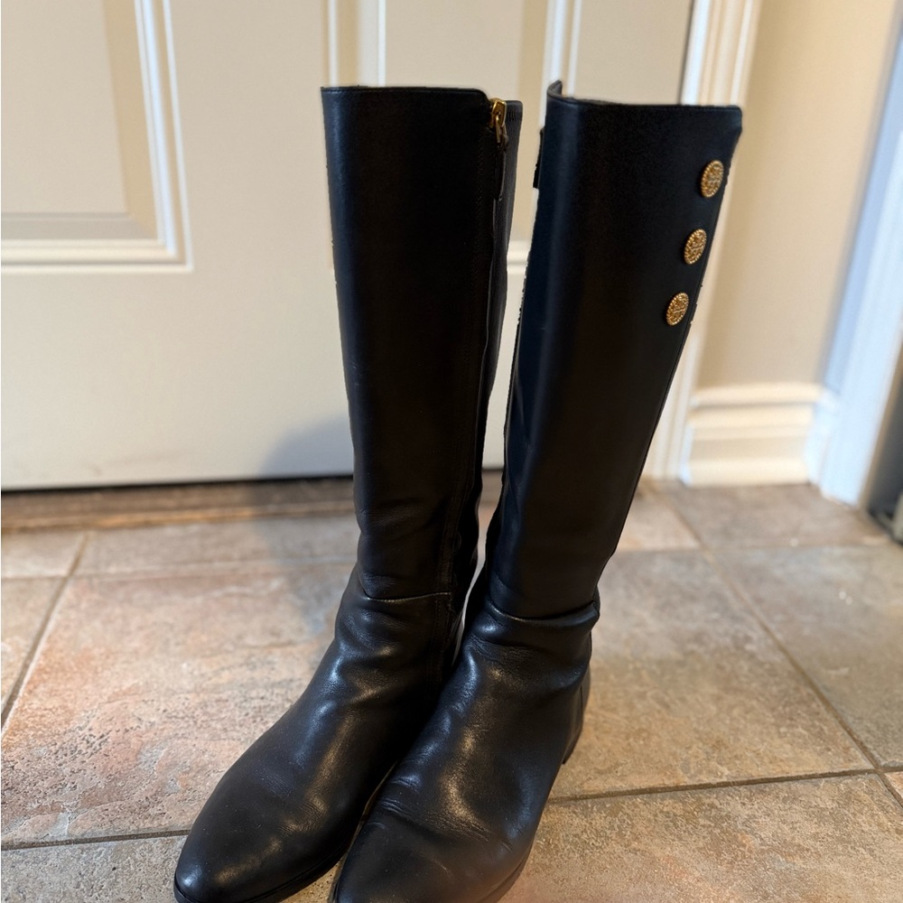 Tory Burch Black Leather Knee-High Heeled Boots with Gold Buttons